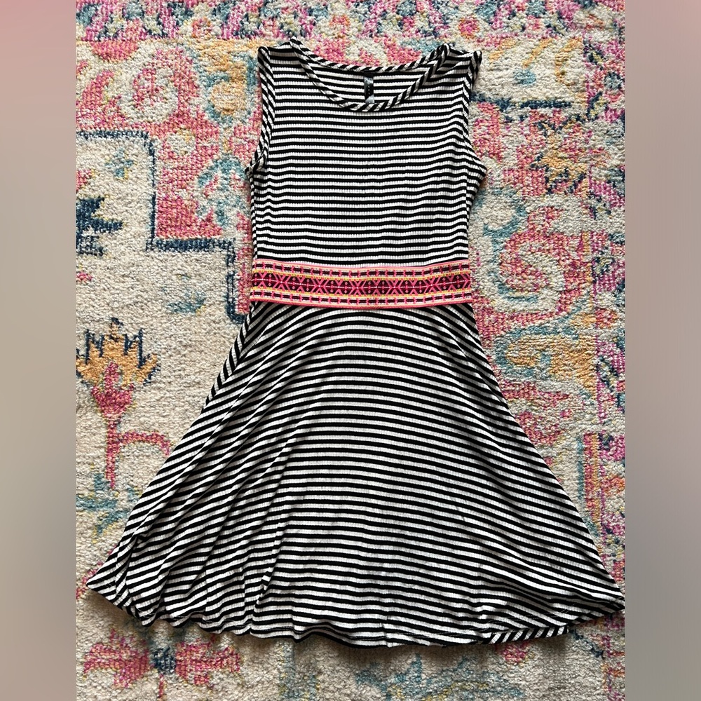 Black White Striped Aztec Belt Mini Skater Dress